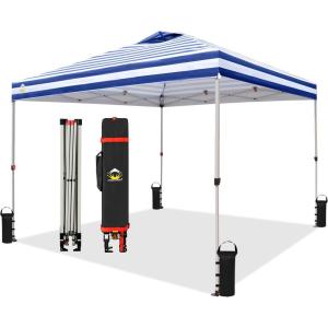 imageCROWN SHADES 10x10 Pop Up Canopy  Beach Tent with One Push Setup  Easy Outdoor Sun Shade for Events Parties Camping  Gazebo with STONGo Cover Bag Silver Coated Top RedNavy Blue Stripes