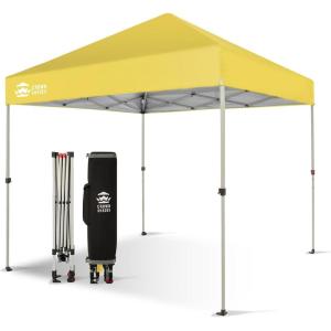 imageCROWN SHADES 10x10 Pop Up Canopy  Beach Tent with One Push Setup  Easy Outdoor Sun Shade for Events Parties Camping  Gazebo with STONGo Cover Bag Silver Coated Top RedYellow