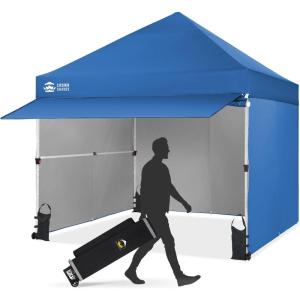 imageCROWN SHADES 10x10 Pop Up Canopy Tent with 4 Sidewalls Instant Commercial Tent with 1Person Setup Patended Centerlock 400D Silver Coated Fabric 4quot Wheels StoN Go BagGreyBlue