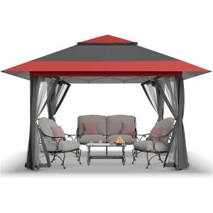 imageCROWN SHADES 13x13 Pop Up Gazebo Canopy Tent Gazebos on Clearance  Outdoor Gazebo for Backyard ampamp Patio Furniture  Carpa Pop Up Tent with Wheeled STONGo Cover Bag GreyRed  Grey Grid