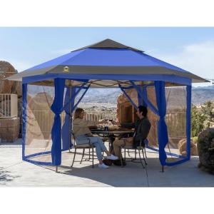 imageCROWN SHADES 13x13 Pop up Gazebo with Mosquito Nettings Patented Center Lock 6Sided Portable Gazebo 300D SilverCoated Fabric UV Resistant Pop Up Canopy Tent for Patio Party BeigeampampCoffeeBlueLight Grey