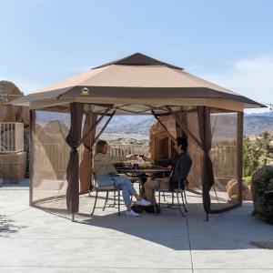 imageCROWN SHADES 13x13 Pop up Gazebo with Mosquito Nettings Patented Center Lock 6Sided Portable Gazebo 300D SilverCoated Fabric UV Resistant Pop Up Canopy Tent for Patio Party BeigeampampCoffeeBeigeCoffee