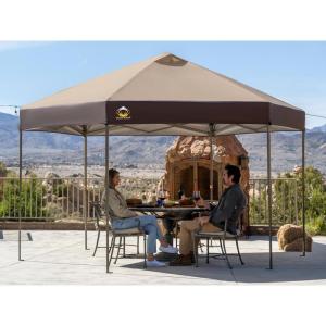 imageCROWN SHADES 14x14 Pop up Gazebo Patented Center Lock 6Sided Portable Gazebo Easy Set Up 300D SilverCoated Fabric UV Resistant Pop Up Canopy Tent for Patio Party Outdoor Activities RedampampGreyBeigeCoffee