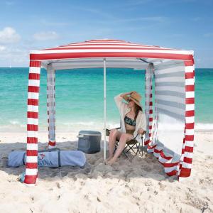 imageCROWN SHADES Beach Cabana 65 x 65 Umbrella Canopy Tent Easy Pop Up  Beach Cabanas for Sand  UPF50 Protection with Sidewall and More Pockets Sky BlueRed