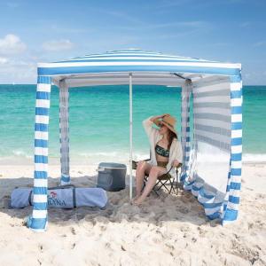 imageCROWN SHADES Beach Cabana 65 x 65 Umbrella Canopy Tent Easy Pop Up  Beach Cabanas for Sand  UPF50 Protection with Sidewall and More Pockets Sky BlueSky Blue