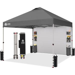 imageCROWN SHADES Canopy Tent 10x10 Pop Up Canopy Outdoor Shade with Pockets Sidewall Easy Up Sun Shelter with One Person Set Up Center Lock Portable Instant Camping Beach Canopy Tents RedGrid Grey