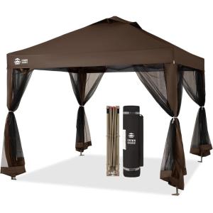 imageCROWN SHADES Gazebo 10x10 Pop Up Canopy with Mosquito Netting Screen Tent with 4 Ropes 8 Stakes 4 Sandbags and Wheeled Storage Bag Canopy for Patio ampamp Backyard BlueCoffee