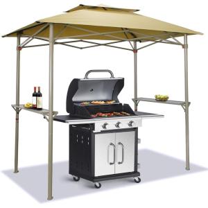 imageCrown Shades 8x5 Grill Gazebo  Pop Up Canopy for BBQ and Backyard Patio  Easy Outdoor Barbecue Shade Cover with Double Tier Vented Top ampamp 2 Side Shelves BeigeBeige