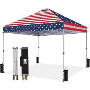image:imageCROWN SHADES 10x10 Pop Up Canopy  Beach Tent with One Push Setup  Easy Outdoor Sun Shade for Events Parties Camping  Gazebo with STONGo Cover Bag Silver Coated Top Red StripsAmerican Flag