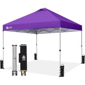 image:imageCROWN SHADES 10x10 Pop Up Canopy  Beach Tent with One Push Setup  Easy Outdoor Sun Shade for Events Parties Camping  Gazebo with STONGo Cover Bag Silver Coated Top Red StripsPurple