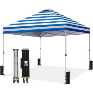 image:imageCROWN SHADES 10x10 Pop Up Canopy  Beach Tent with One Push Setup  Easy Outdoor Sun Shade for Events Parties Camping  Gazebo with STONGo Cover Bag Silver Coated Top Red StripsSky Blue Stripes