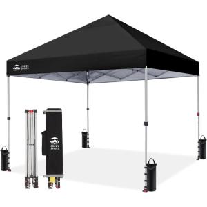 image:imageCROWN SHADES 10x10 Pop Up Canopy  Beach Tent with One Push Setup  Easy Outdoor Sun Shade for Events Parties Camping  Gazebo with STONGo Cover Bag Silver Coated Top Red StripsBlack