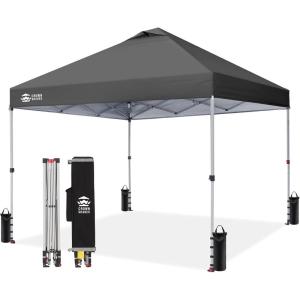 image:imageCROWN SHADES 10x10 Pop Up Canopy  Beach Tent with One Push Setup  Easy Outdoor Sun Shade for Events Parties Camping  Gazebo with STONGo Cover Bag Silver Coated Top Red StripsLight Grey
