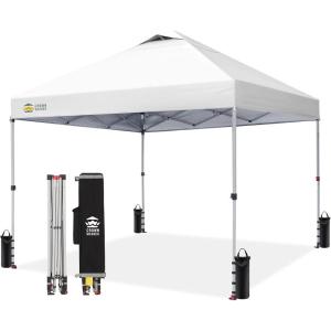 image:imageCROWN SHADES 10x10 Pop Up Canopy  Beach Tent with One Push Setup  Easy Outdoor Sun Shade for Events Parties Camping  Gazebo with STONGo Cover Bag Silver Coated Top Red StripsWhite