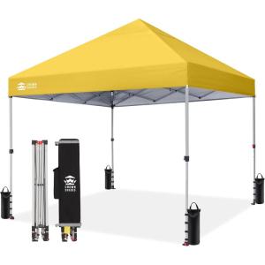 image:imageCROWN SHADES 10x10 Pop Up Canopy  Beach Tent with One Push Setup  Easy Outdoor Sun Shade for Events Parties Camping  Gazebo with STONGo Cover Bag Silver Coated Top Red StripsYellow