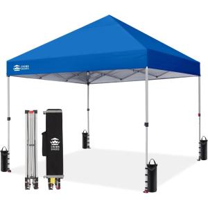 image:imageCROWN SHADES 10x10 Pop Up Canopy  Beach Tent with One Push Setup  Easy Outdoor Sun Shade for Events Parties Camping  Gazebo with STONGo Cover Bag Silver Coated Top Red StripsBlue