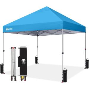 image:imageCROWN SHADES 10x10 Pop Up Canopy  Beach Tent with One Push Setup  Easy Outdoor Sun Shade for Events Parties Camping  Gazebo with STONGo Cover Bag Silver Coated Top Red StripsSky Blue