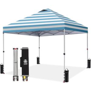 image:imageCROWN SHADES 10x10 Pop Up Canopy  Beach Tent with One Push Setup  Easy Outdoor Sun Shade for Events Parties Camping  Gazebo with STONGo Cover Bag Silver Coated Top Red StripsCyan Blue Stripes