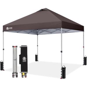 image:imageCROWN SHADES 10x10 Pop Up Canopy  Beach Tent with One Push Setup  Easy Outdoor Sun Shade for Events Parties Camping  Gazebo with STONGo Cover Bag Silver Coated Top Red StripsCoffee