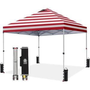 image:imageCROWN SHADES 10x10 Pop Up Canopy  Beach Tent with One Push Setup  Easy Outdoor Sun Shade for Events Parties Camping  Gazebo with STONGo Cover Bag Silver Coated Top Red StripsRed Stripes