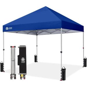 image:imageCROWN SHADES 10x10 Pop Up Canopy  Beach Tent with One Push Setup  Easy Outdoor Sun Shade for Events Parties Camping  Gazebo with STONGo Cover Bag Silver Coated Top Red StripsNavy Blue