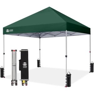 image:imageCROWN SHADES 10x10 Pop Up Canopy  Beach Tent with One Push Setup  Easy Outdoor Sun Shade for Events Parties Camping  Gazebo with STONGo Cover Bag Silver Coated Top Red StripsForest Green