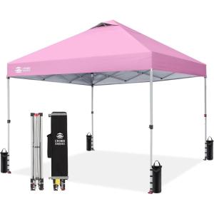 image:imageCROWN SHADES 10x10 Pop Up Canopy  Beach Tent with One Push Setup  Easy Outdoor Sun Shade for Events Parties Camping  Gazebo with STONGo Cover Bag Silver Coated Top Red StripsPink