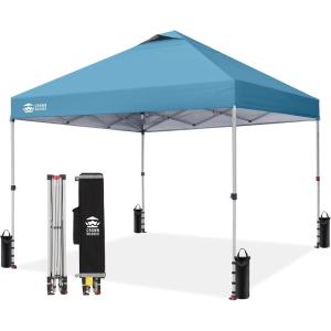 image:imageCROWN SHADES 10x10 Pop Up Canopy  Beach Tent with One Push Setup  Easy Outdoor Sun Shade for Events Parties Camping  Gazebo with STONGo Cover Bag Silver Coated Top Red StripsCyan Blue