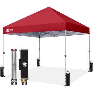 image:imageCROWN SHADES 10x10 Pop Up Canopy  Beach Tent with One Push Setup  Easy Outdoor Sun Shade for Events Parties Camping  Gazebo with STONGo Cover Bag Silver Coated Top Red StripsRed